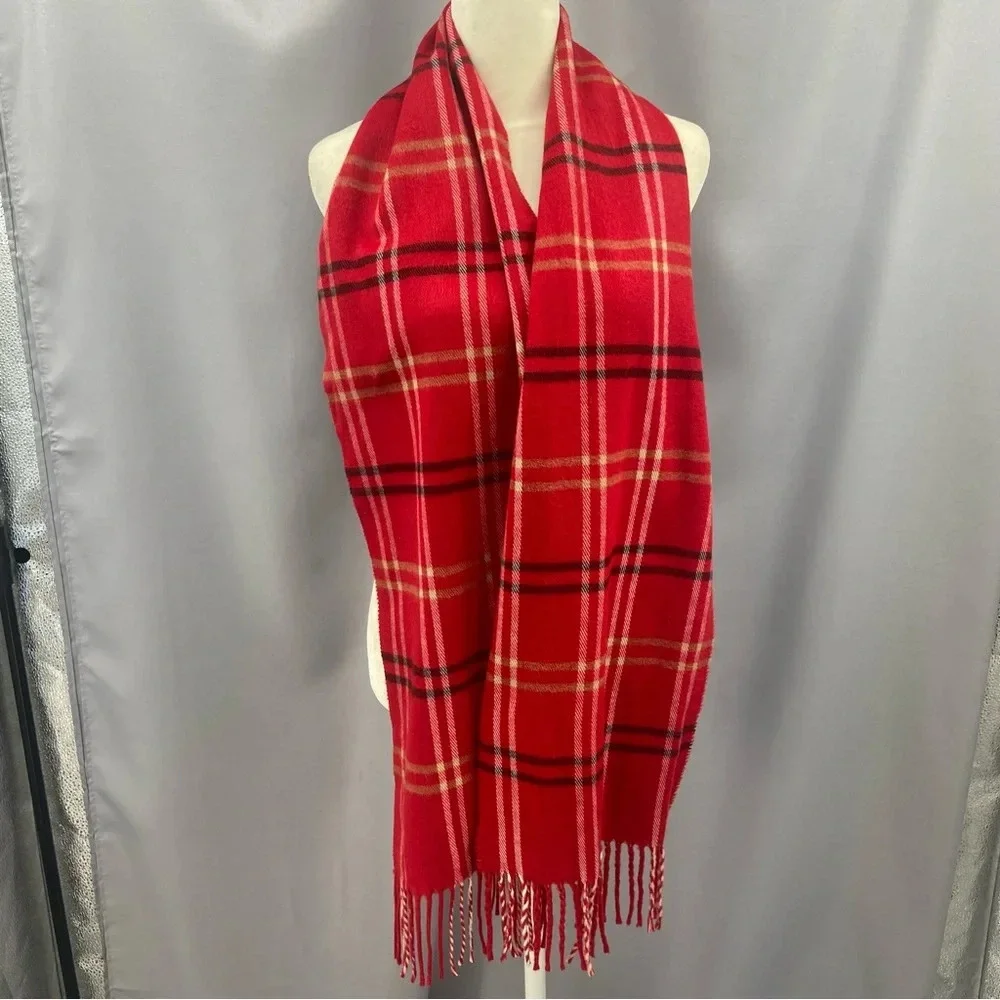 NWT Red Tartan Plaid Acrylic Scarf with Fringe Made in Italy
